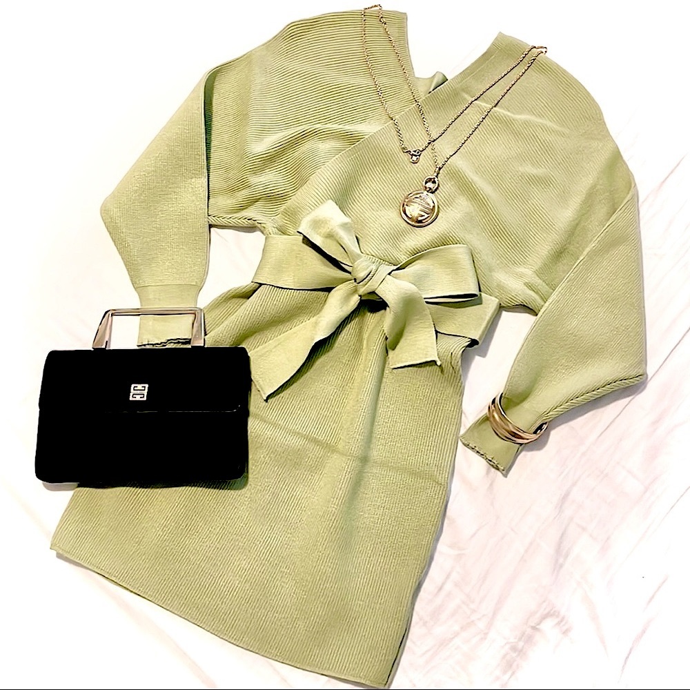Classy Green Wrap Tie Waist Dolman Sweater Dress M - Picture 6 of 7